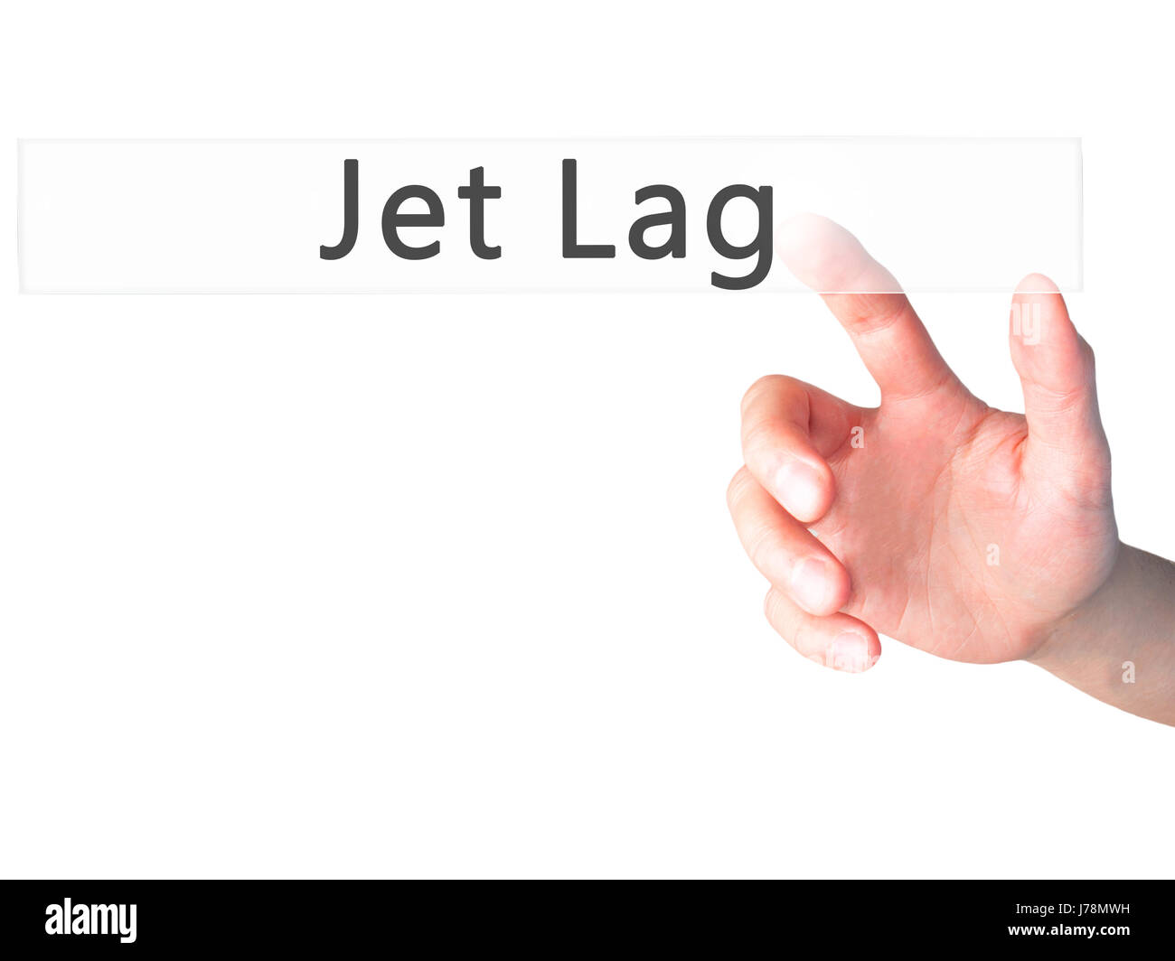Jet Lag Hand pressing a button on blurred background concept