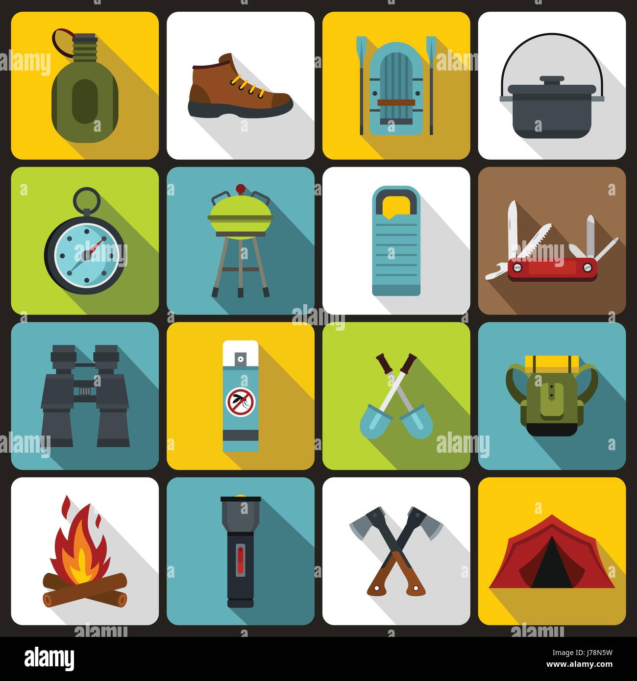 Recreation tourism icons set in flat style. Camping equipment set ...