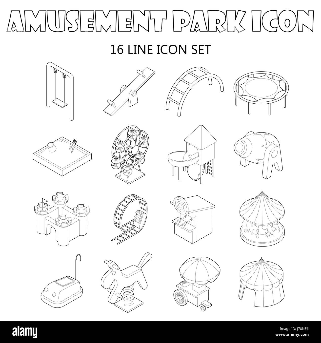 Amusement park icons set in outline style. Attraction park set collection. vector illustration Stock Vector