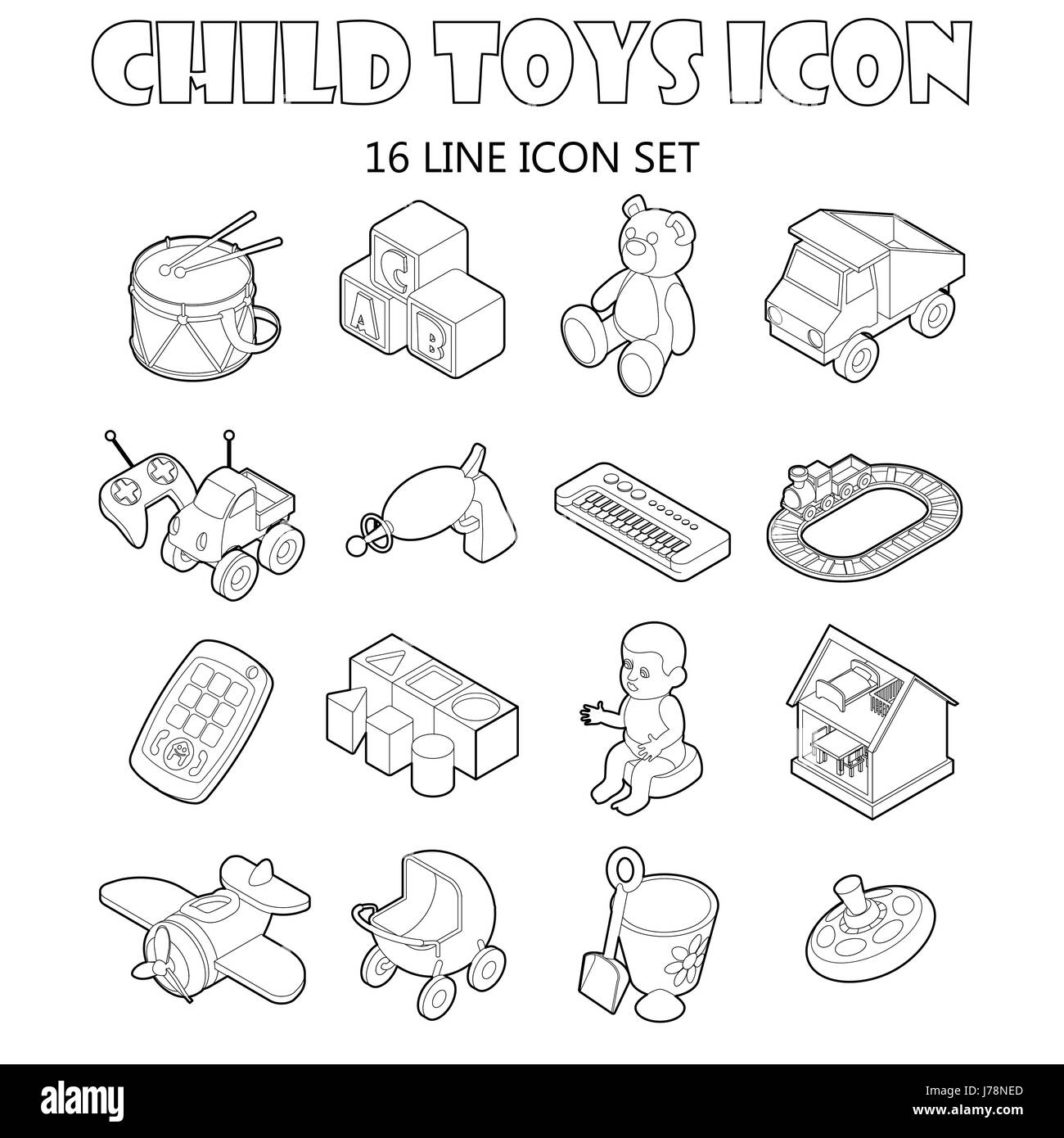 Child toys icons set in outline style. Kids games set collection vector ...