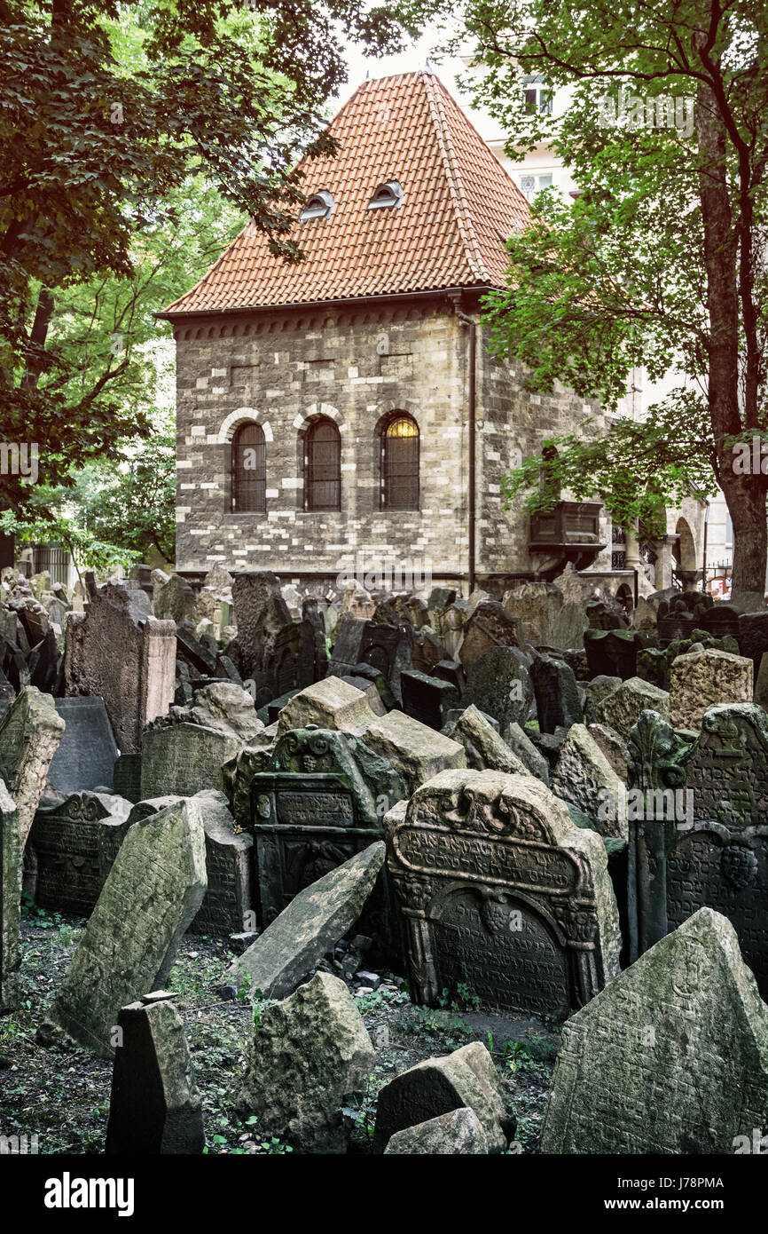 Jewish cemetery in Prague, Czech republic. Historical object. Memorial place. Many graves. Photo filter. Stock Photo