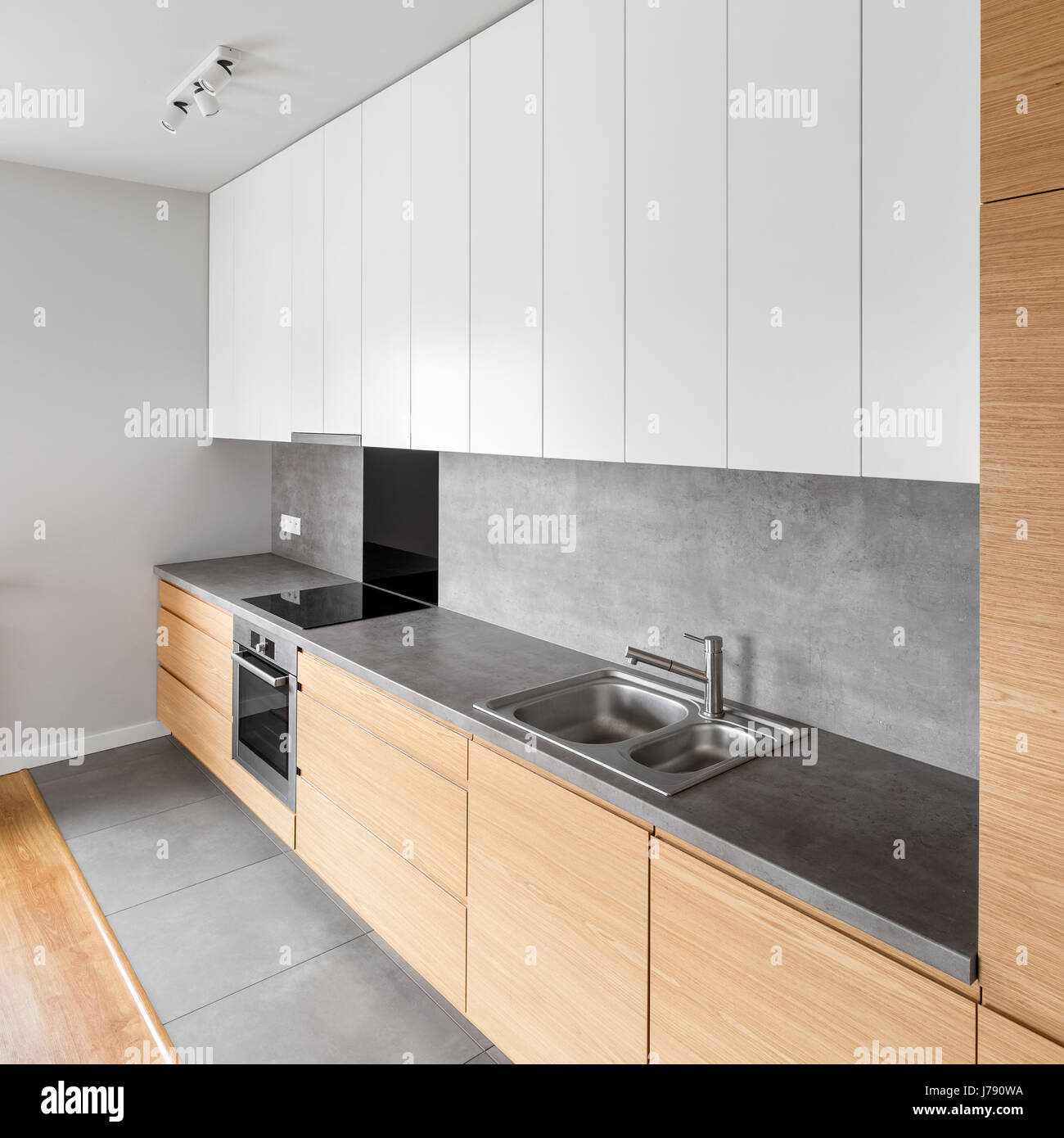 Contemporary White Kitchen with Concrete Countertop, Pull-Out Cutting Board  Stock Photo - Alamy