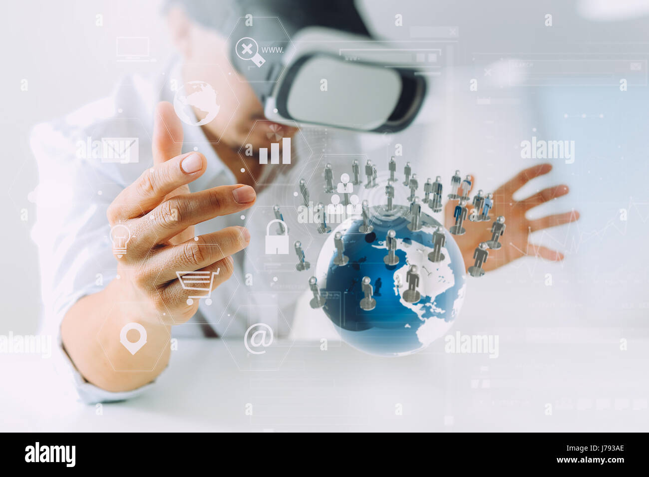 businessman wearing virtual reality goggles in modern office with ...