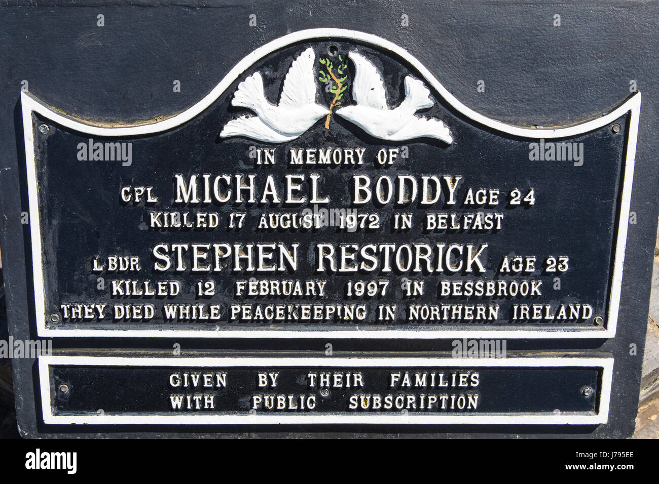 PETERBOROUGH, UK - MAY 22ND 2017: A plaque in Peterborough city centre, In Memory of Corporal Michael Boddy and Lance Bombardier Stephen Restorick who Stock Photo