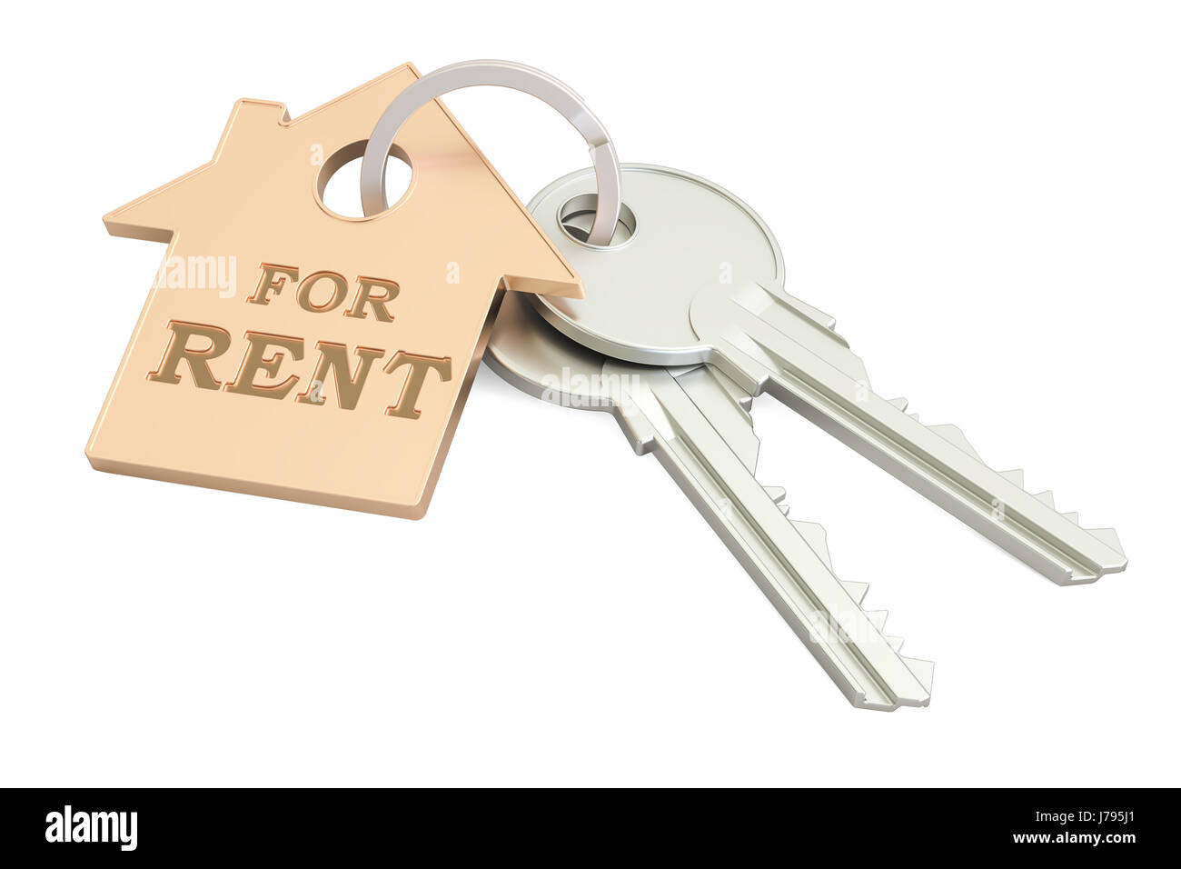 For rent concept, key with keychain, 3D rendering isolated on white ...