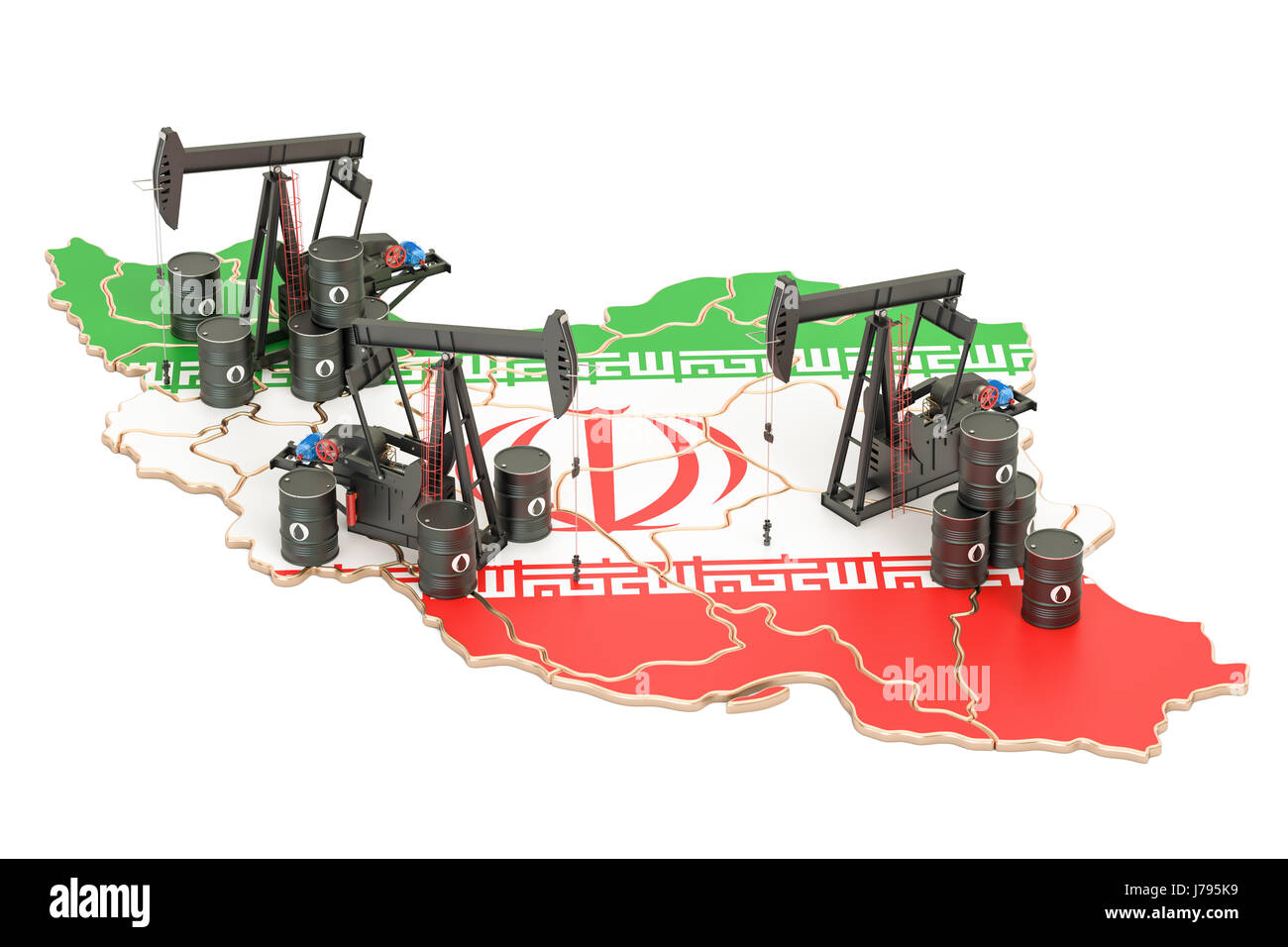 Iran map with oil barrels and pumpjacks. Oil production concept. 3D ...