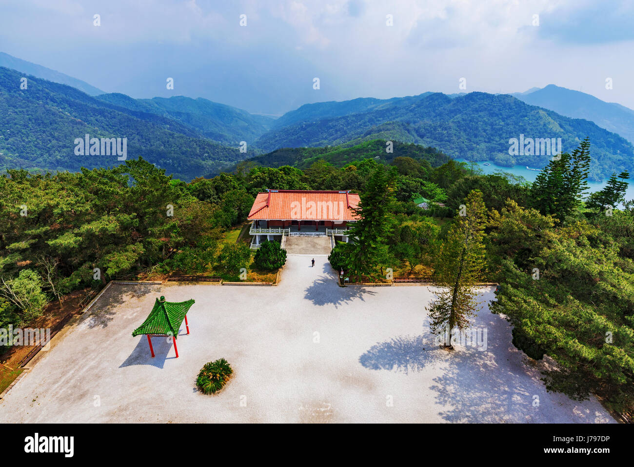 Scenic view of Ci'en pagoda courtyard and Sun Moon Lake mountains Stock Photo