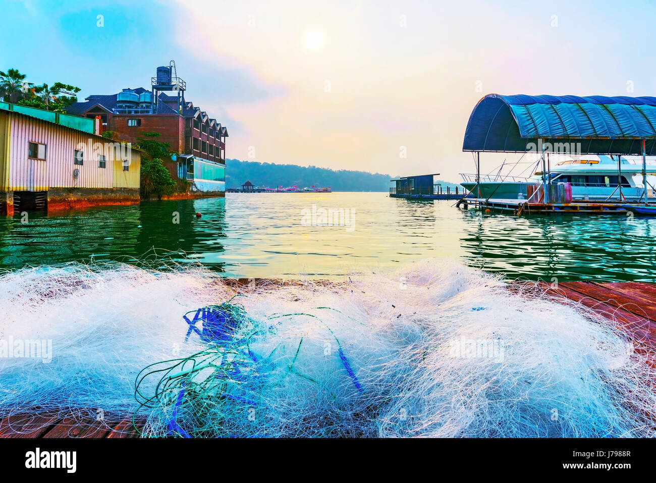 Fishing nets on a wooden raft on Sun Moon Lake Stock Photo Alamy