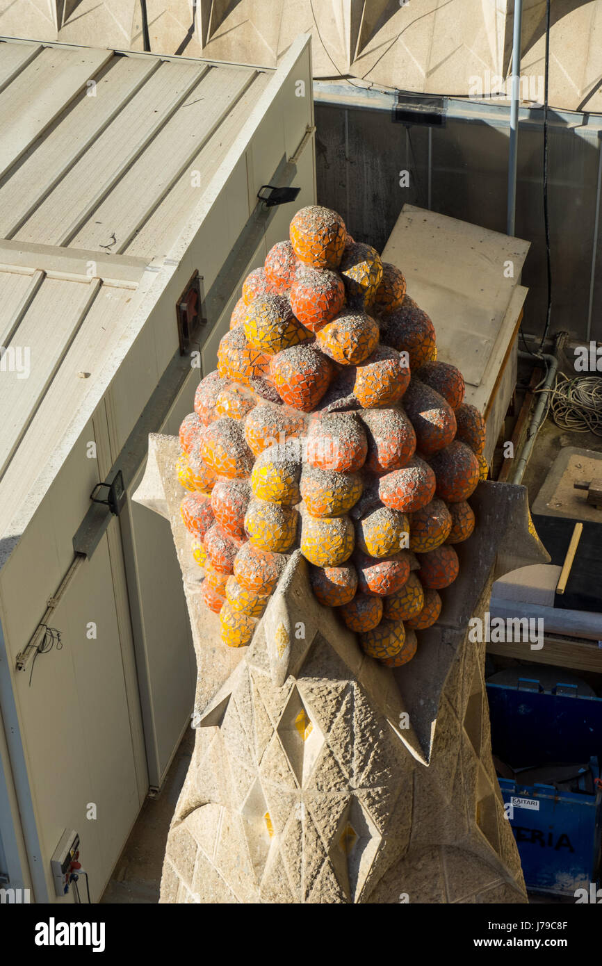 Ornamental sculpture on the pinnacle of a spire of Gaudi's Sagrada ...
