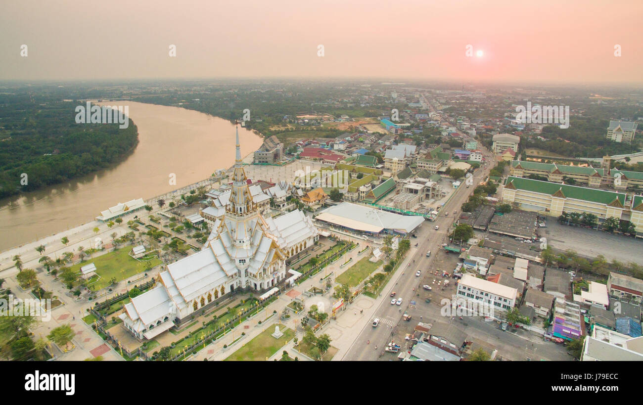 aerial view of wat sothorn temple in chachengsao province eastern of thailand important buddhist religion church landmark in thailand Stock Photo