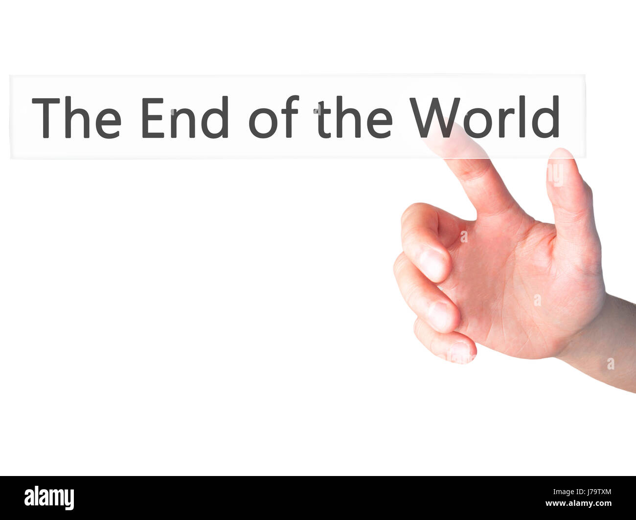 The End of the World - Hand pressing a button on blurred background concept . Business, technology, internet concept. Stock Photo Stock Photo