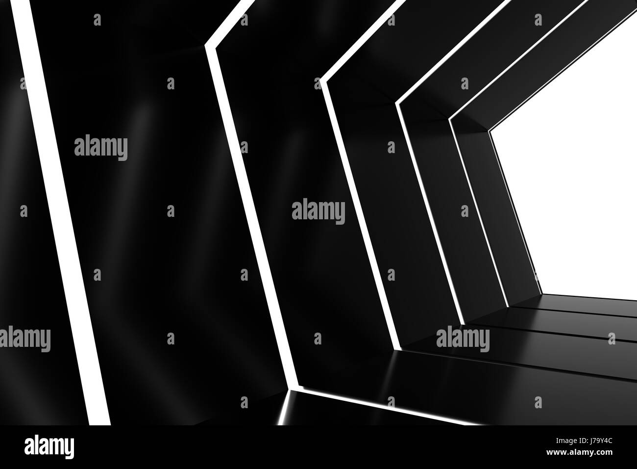 Abstract black glossy interior with glow lines and white exit in end ...