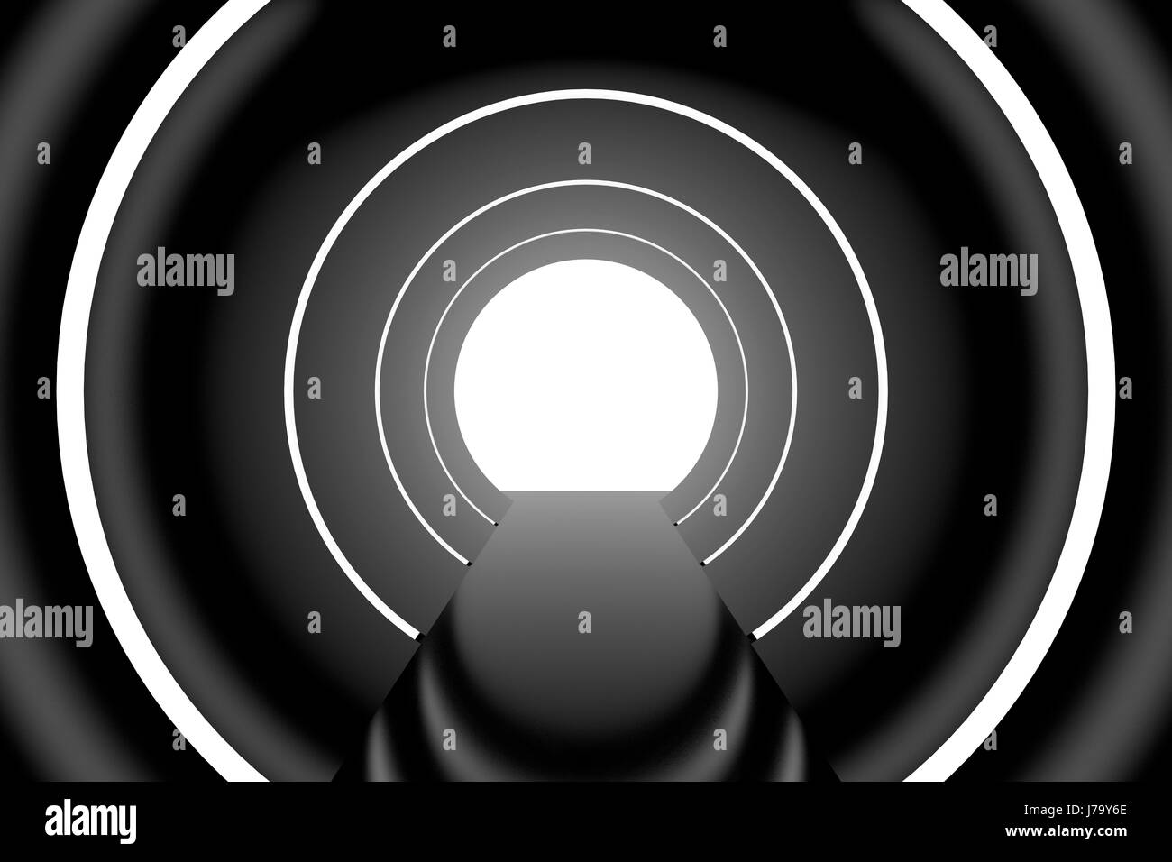 Abstract black glossy interior with glow lines and white exit in end ...