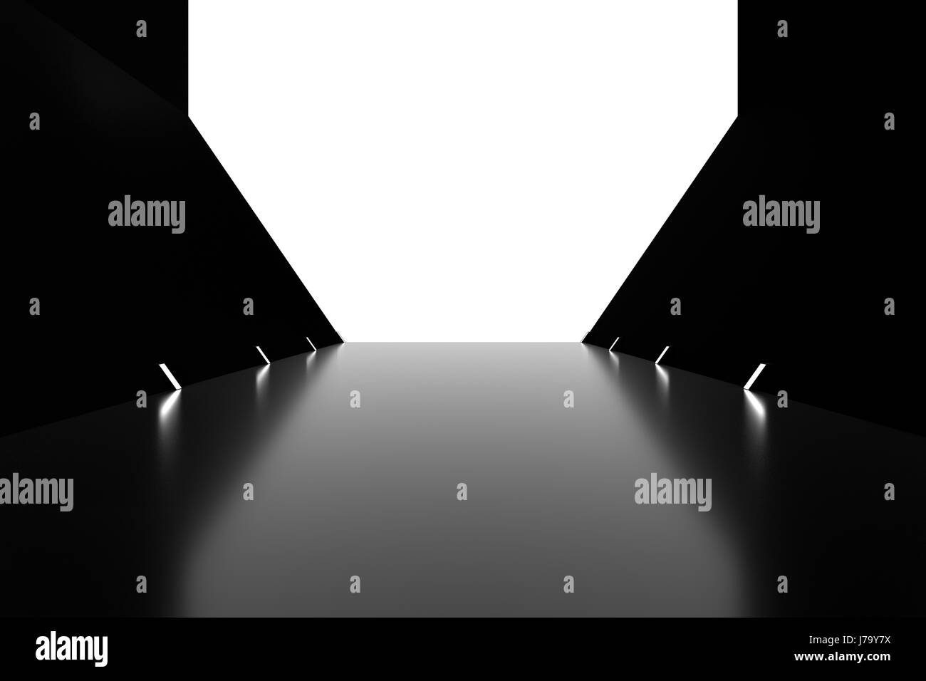 Abstract black glossy interior with glow lines and white exit in end ...