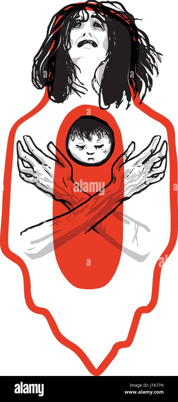 International Day of Innocent Children Victims of Aggression, June 4. Pacifist poster with a weeping woman holding a dead baby. Symbol of civilians su Stock Vector