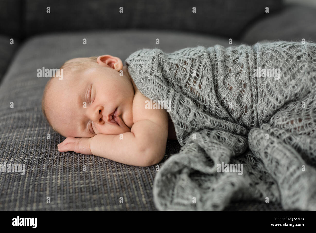 Newborn baby boy sleeping on couch Stock Photo Alamy