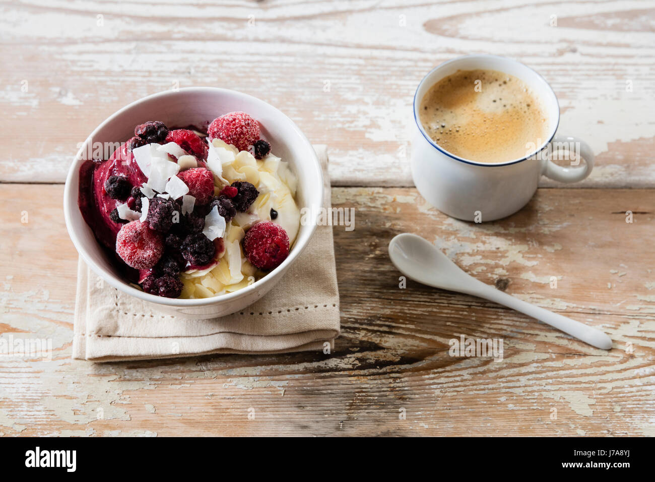 Bowl of nana icecream and cup of coffee Stock Photo