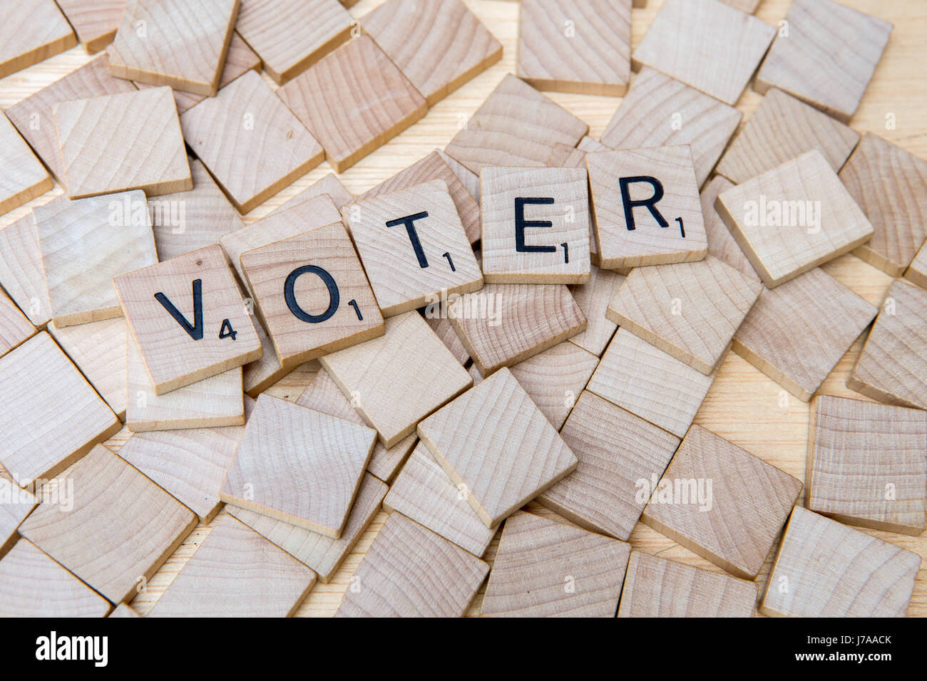 Voter spelt with scrabble letters on wood tiles Stock Photo