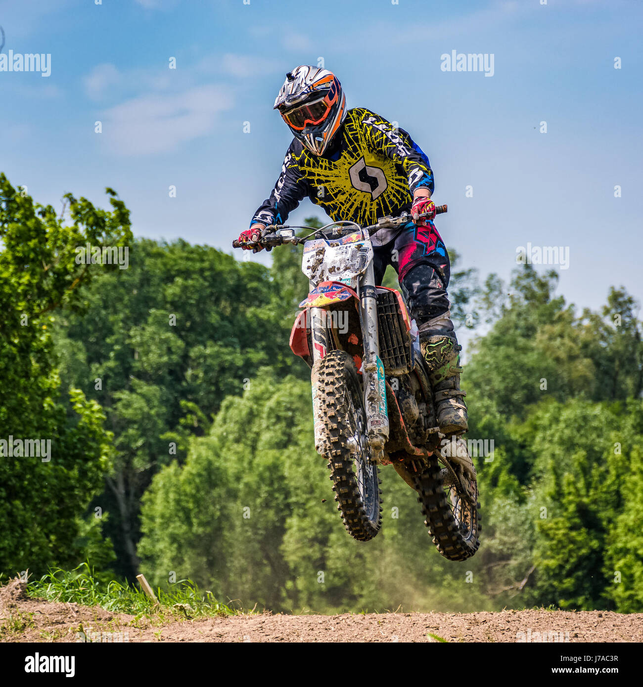 Uzhgorod, Ukraine - May 21, 2017: Dirt Bike Jumping. TransCarpathian regional Motocross Championship Stock Photo