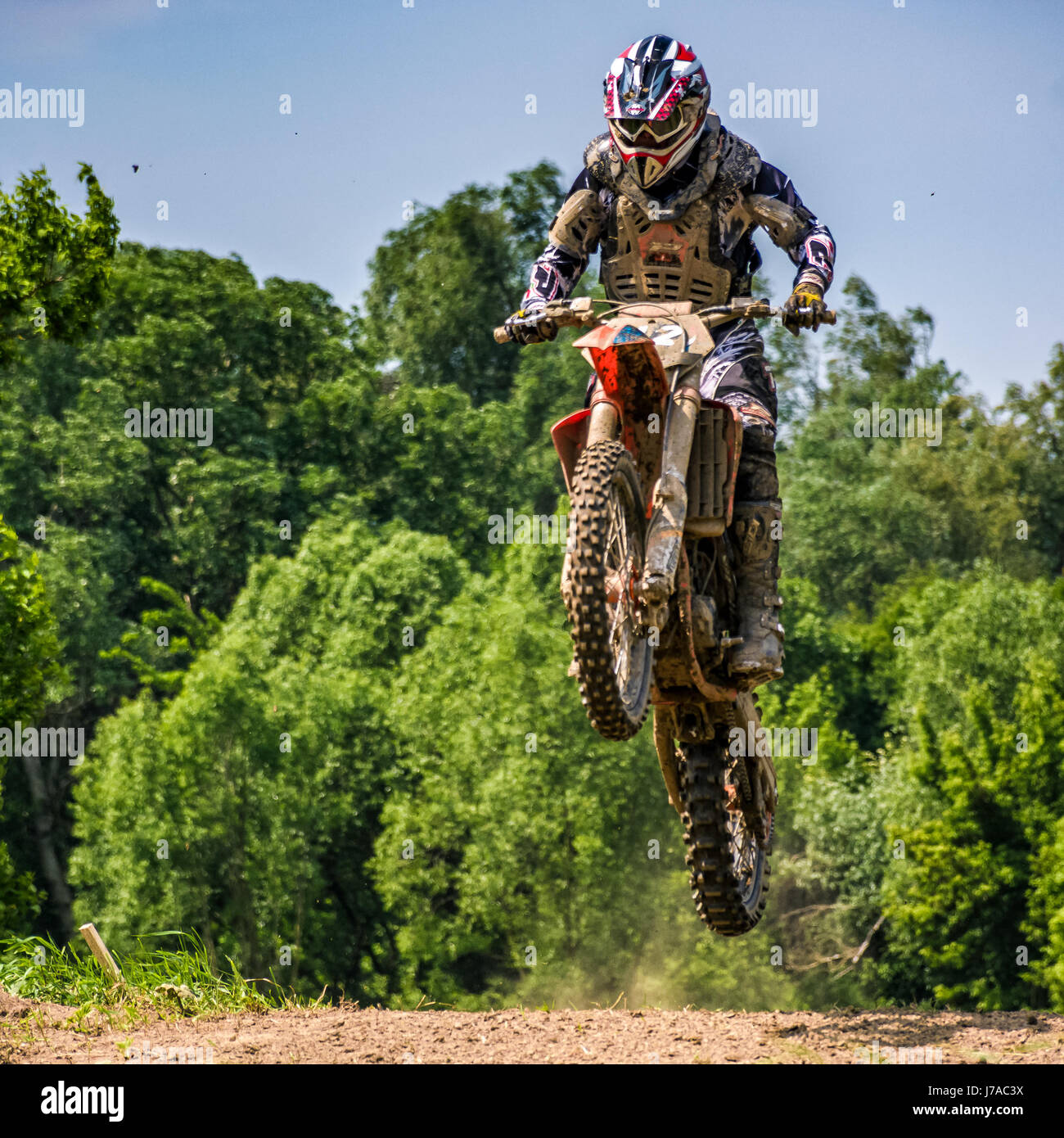 Uzhgorod, Ukraine - May 21, 2017: Dirt Bike Jumping. TransCarpathian regional Motocross Championship Stock Photo