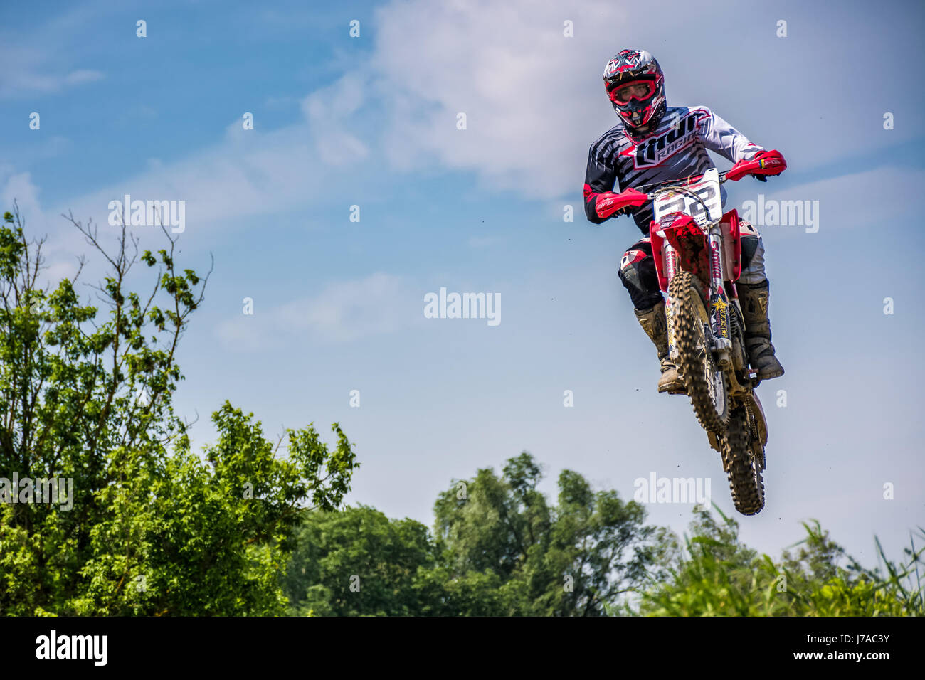 Uzhgorod, Ukraine - May 21, 2017: Off-road motorbike extreme Jumping. TransCarpathian regional Motocross Championship Stock Photo