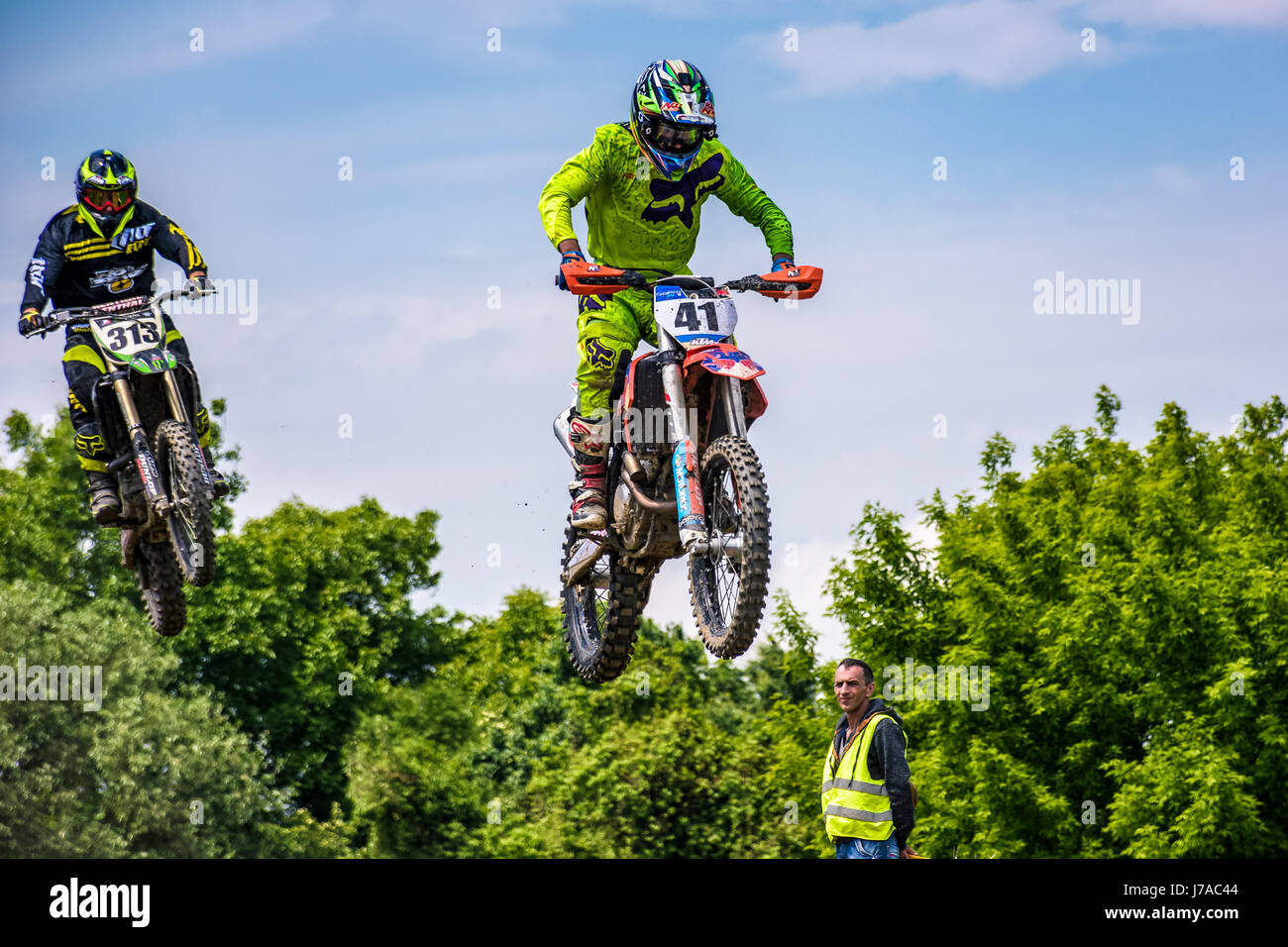 Uzhgorod, Ukraine - May 21, 2017: Extreme enduro MOTO SPORT Bike Jumping. TransCarpathian regional Motocross Championship Stock Photo