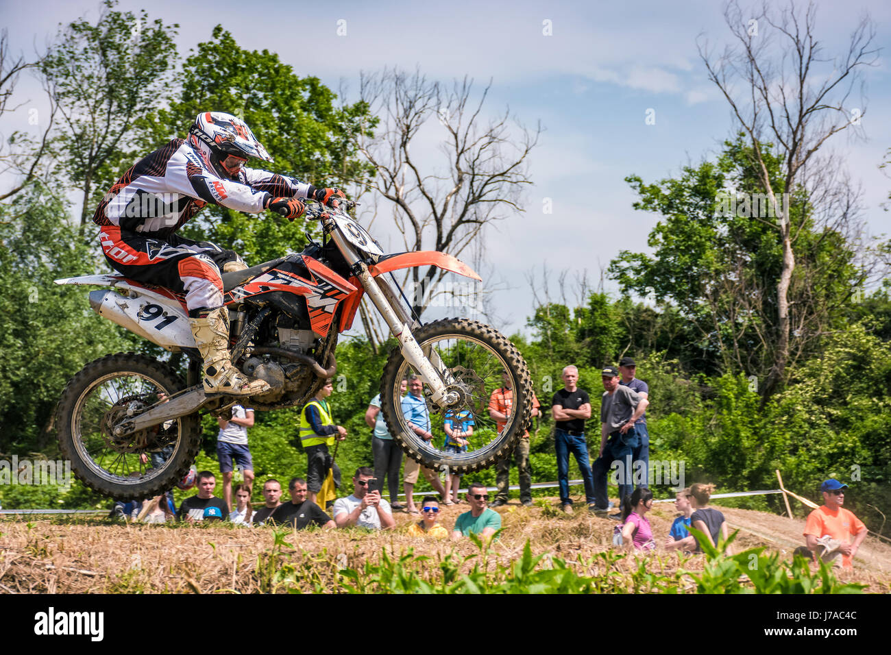 Uzhgorod, Ukraine - May 21, 2017: Extreme enduro Motocross in action. TransCarpathian regional Motocross Championship Stock Photo
