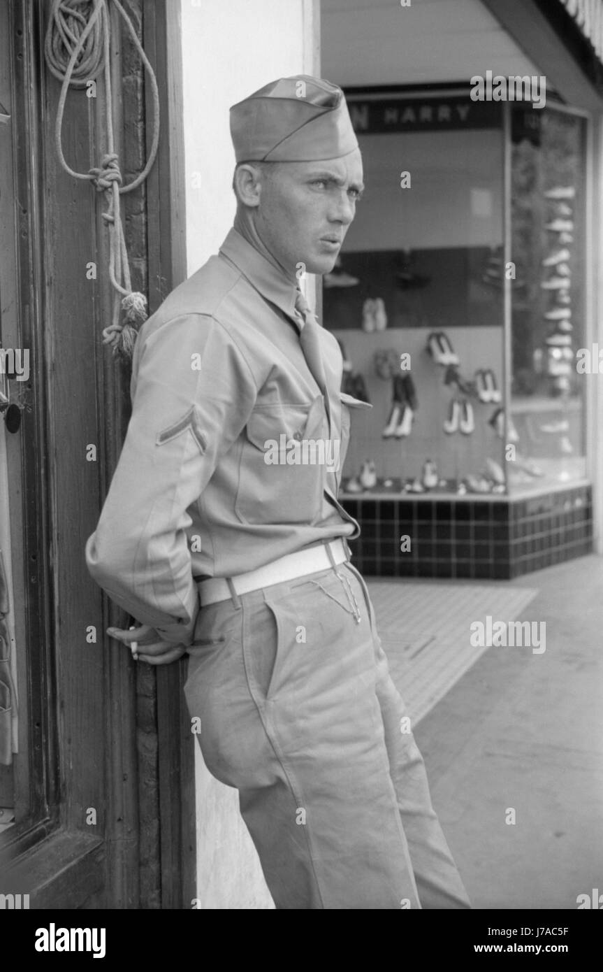 Soldier from Fort Benning on a street in Columbus, Georgia, 1941. Stock Photo