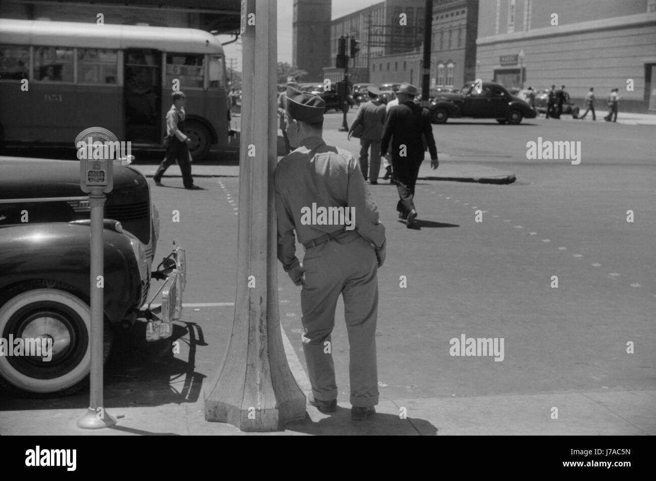 Soldier from Fort Benning on a street in Columbus, Georgia, 1941. Stock Photo