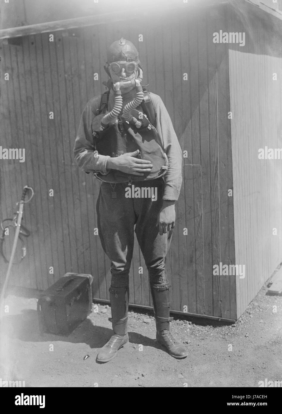 March 1, 1918 - U.S. Boy Scout wearing a gas mask. Stock Photo