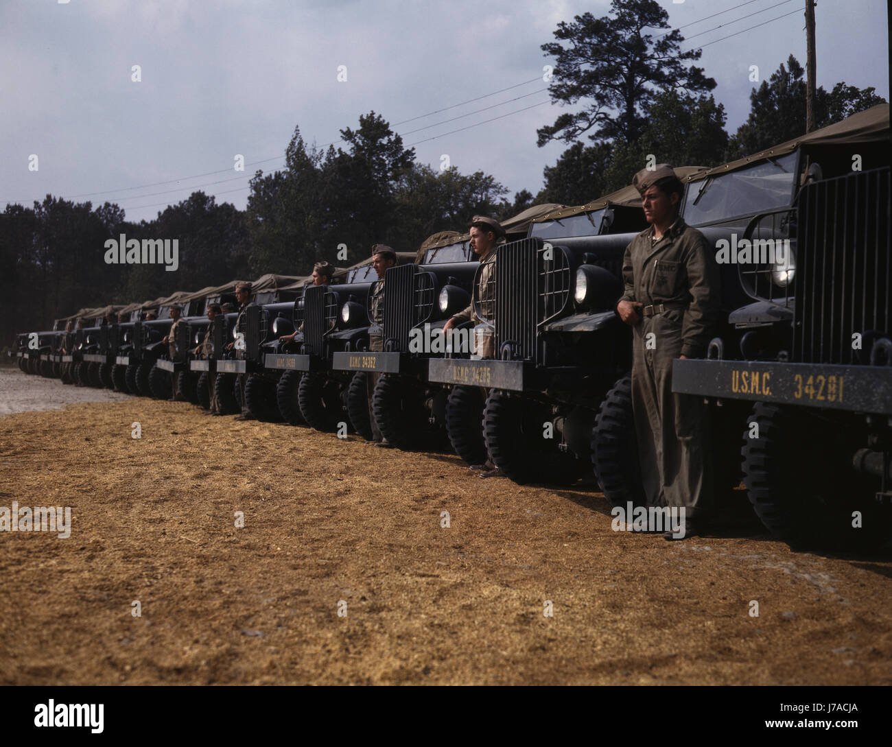 U.S. Marine Corps trucks and men at New River Marine Base, North Carolina, 1942 Stock Photo Alamy