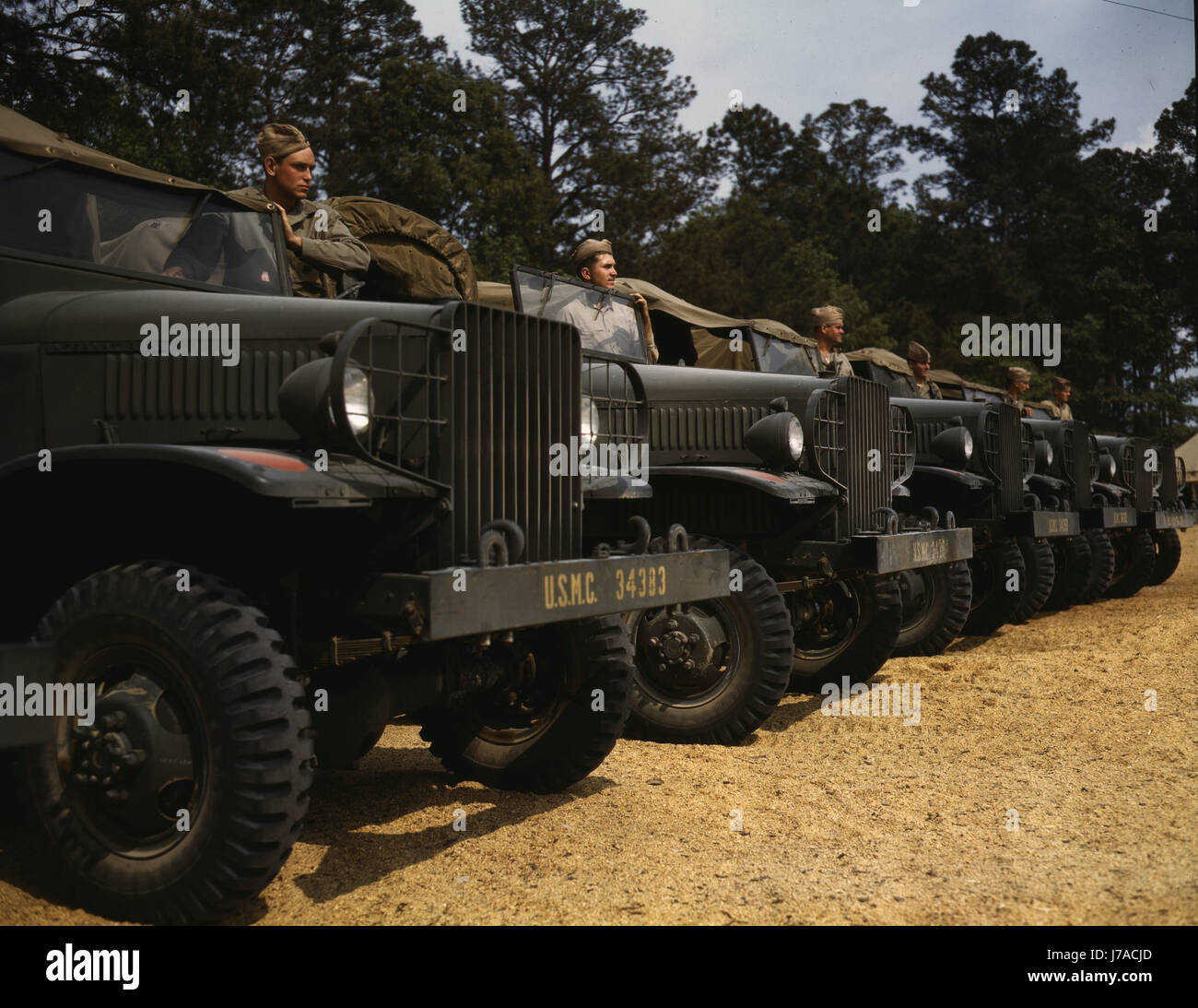 U.S. Marine Corps trucks and men at New River Marine Base, North Carolina, 1942. Stock Photo