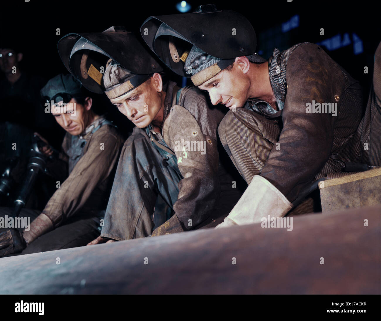Welders making boilers for a ship, 1942. Stock Photo