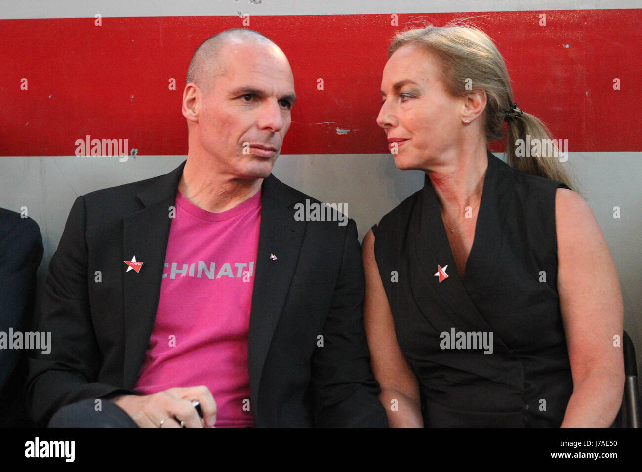 Yanis Varoufakis with his wife Danae Stratou. Yanis Varoufakis and members of DIEM 25  present the principles and the basic social and political aspec Stock Photo
