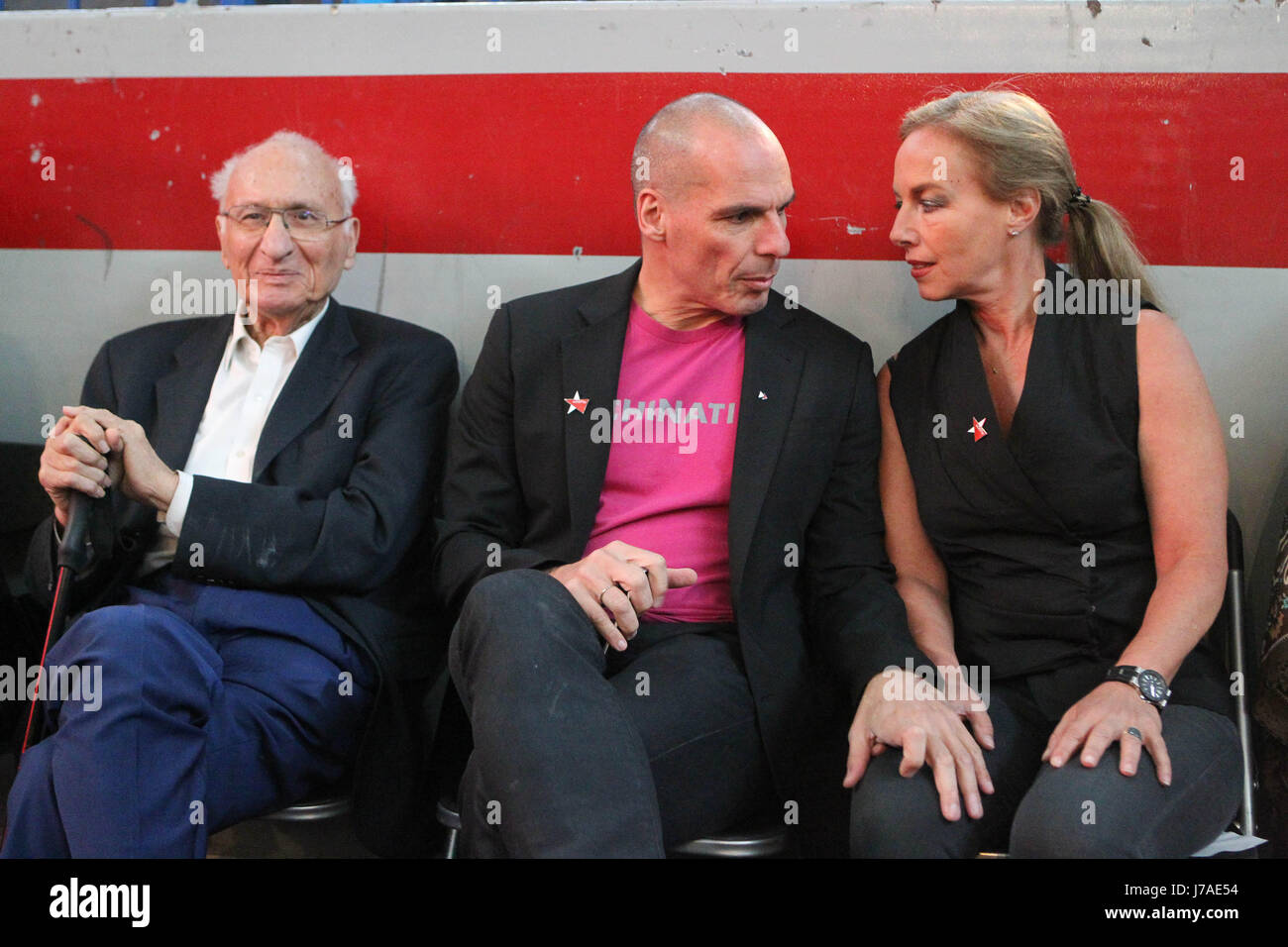 Yanis Varoufakis with his father and with his wife Danae Stratou. Yanis Varoufakis and members of DIEM 25  present the principles and the basic social Stock Photo