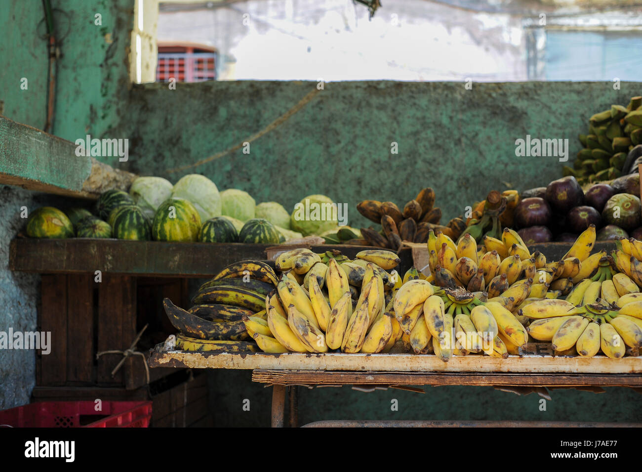 Fruit and vegetables stand at a local farmers´market in Neptuno street, Havana, Cuba Stock Photo