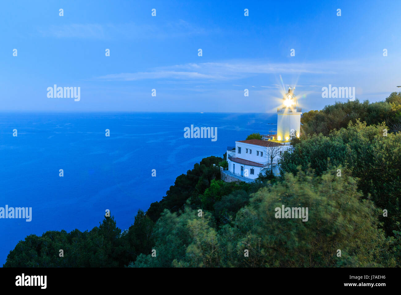 Spain, Catalonia, Costa Brava, Palafrugell, Cape of Sant Sebastia, the lighthouse Sant Sebastia at night Stock Photo