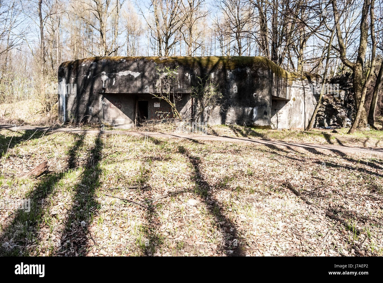 MO-S-9 U bazantnice fortification with trees around and clear sky on former czech-german boders near Ostrava city built to protect Czechoslovakia agai Stock Photo