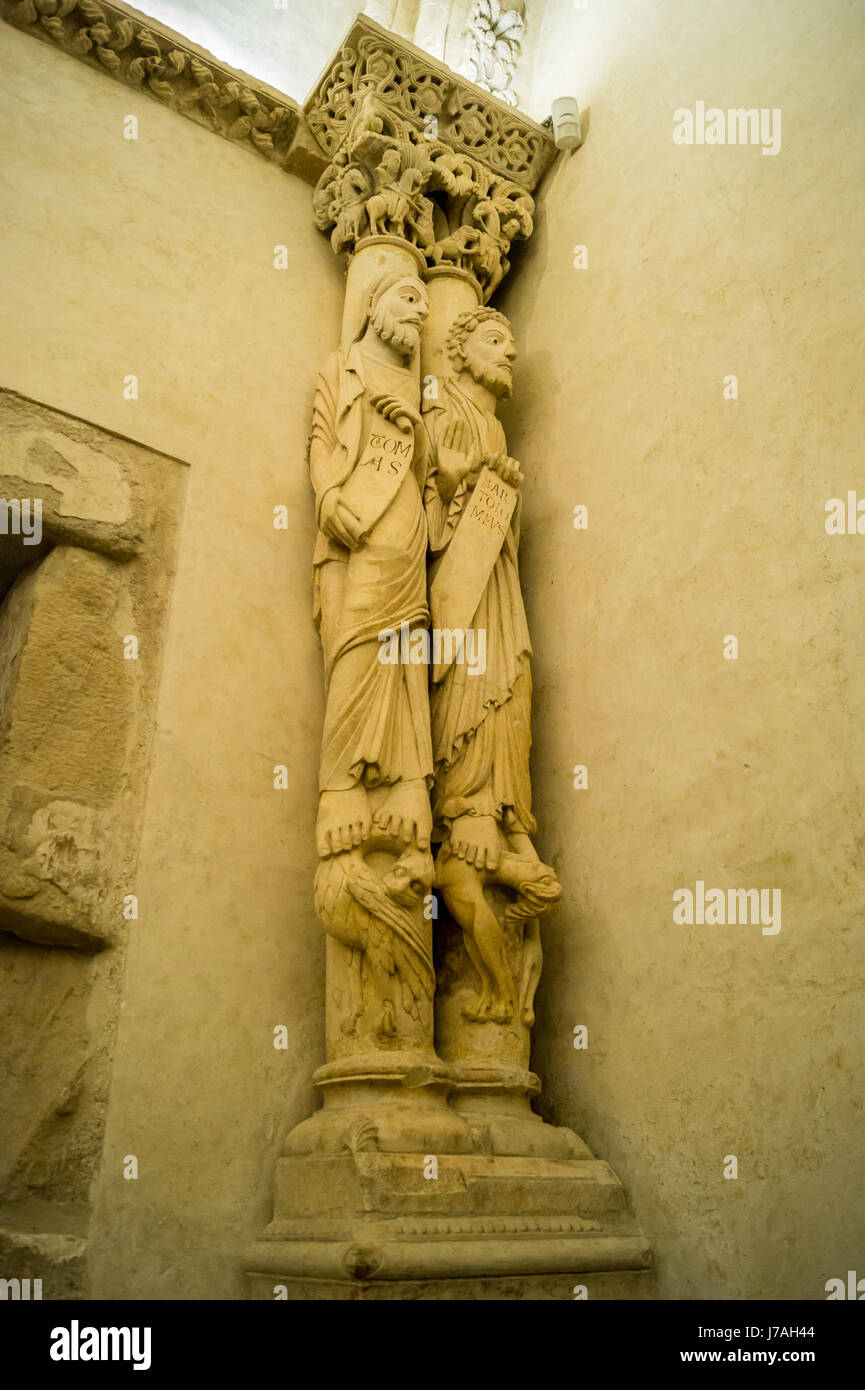 Pillars carved in the form of statues of the Apostles, 9th. century, Camara Santa (Holy chamber), San Salvador cathedral, Oviedo, Asturias, Spain Stock Photo