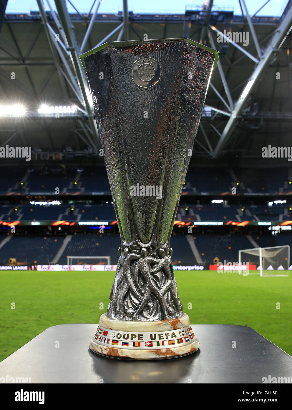 The Europa League trophy on display in Friends Arena, Stockholm Stock