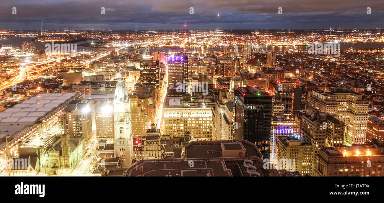 The city lights of Philadelphia aerial view at night PHILADELPHIA