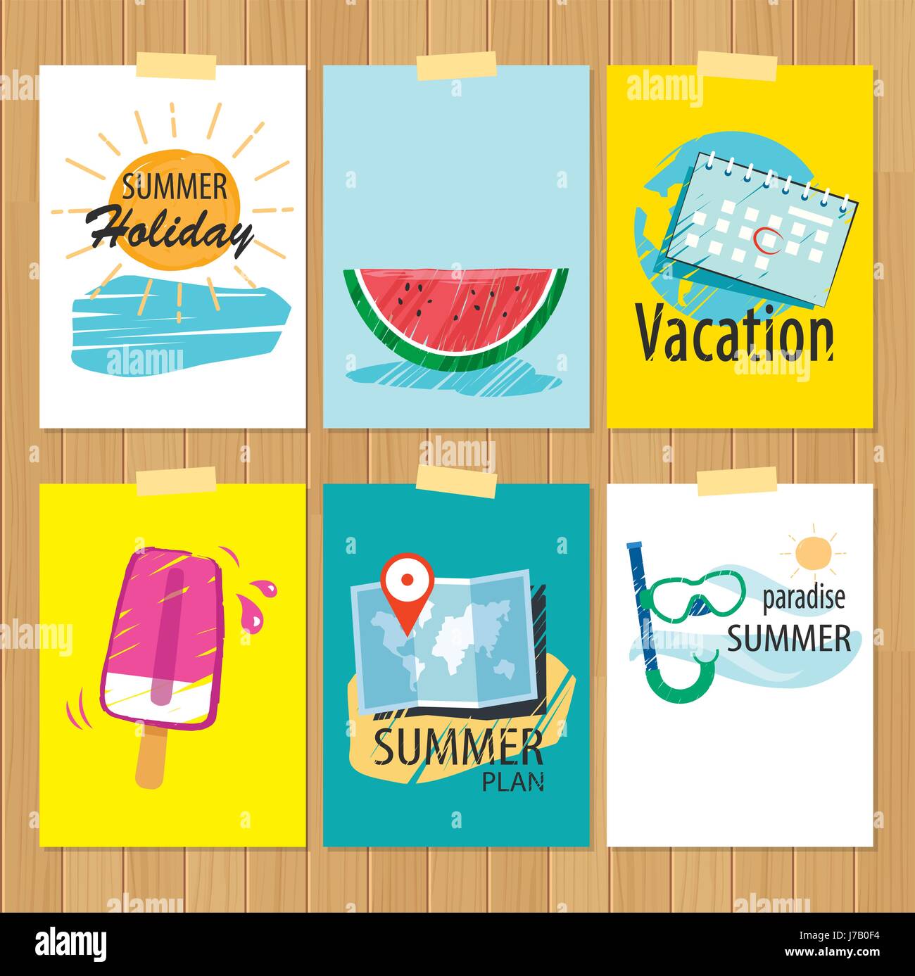 set of hand drawn summer cards.Label of vacation flat design Stock ...