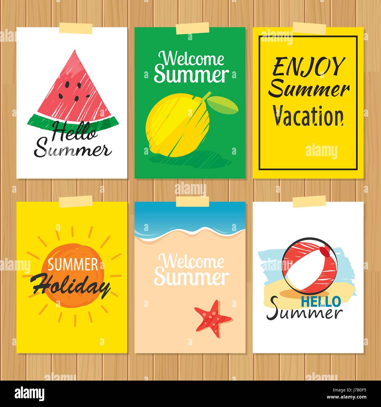 set of hand drawn summer cards.Label of vacation flat design Stock ...