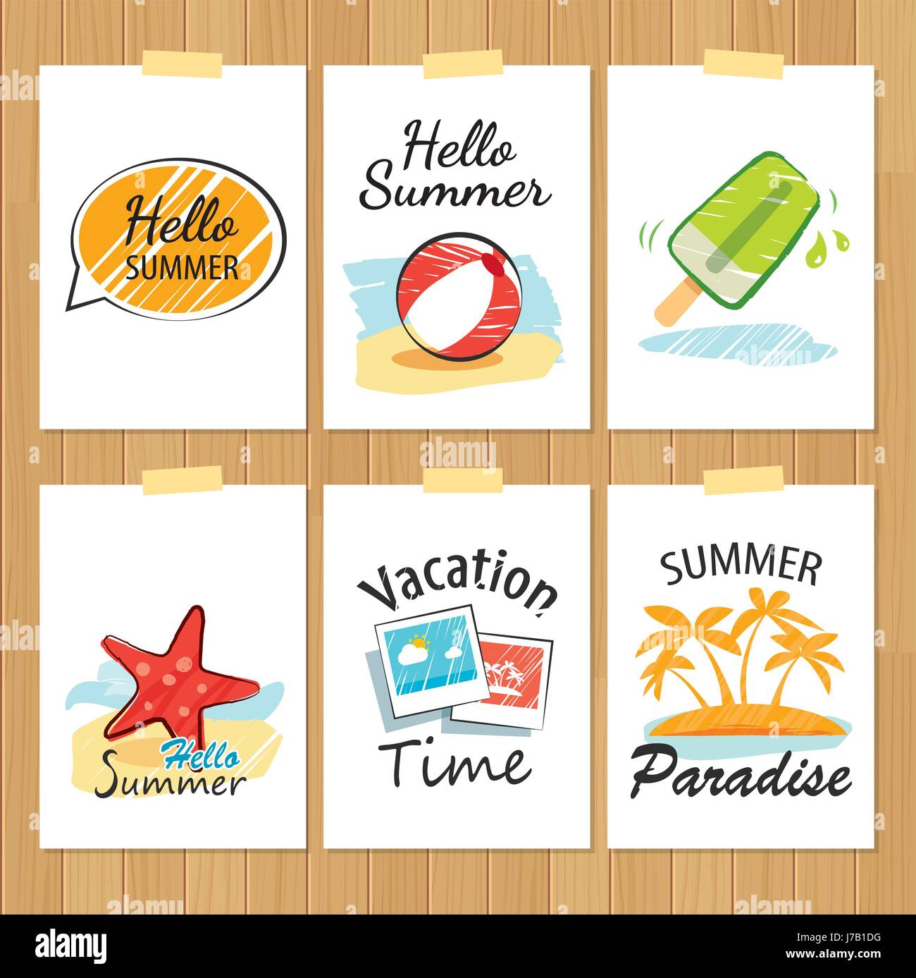 set of hand drawn summer cards.Label of vacation flat design Stock ...