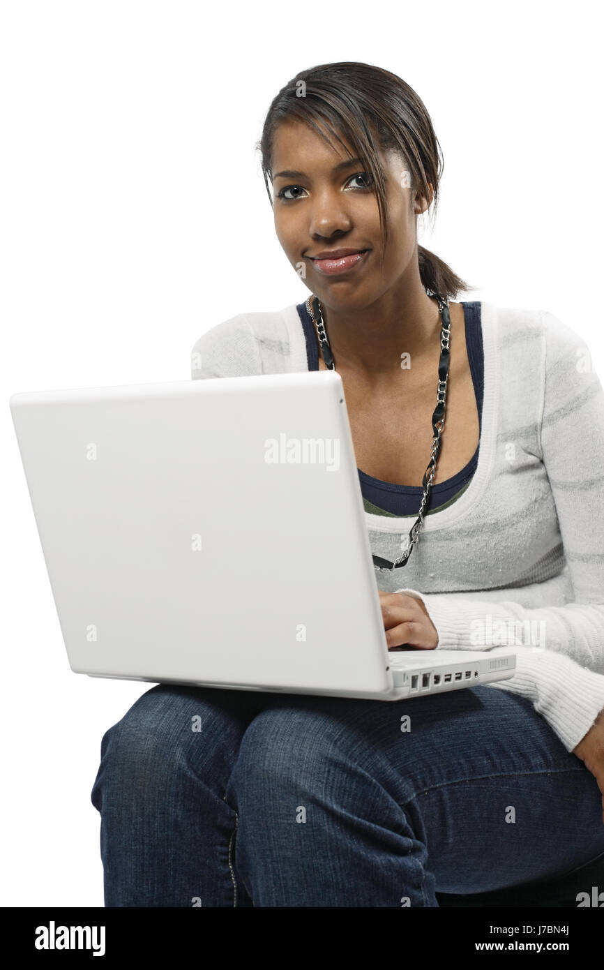 laptop notebook computers computer beautiful beauteously nice female black Stock Photo