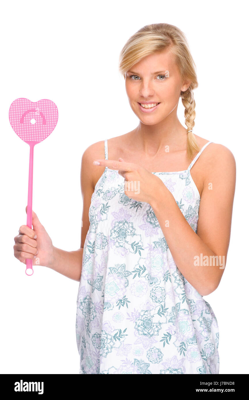 woman swatter young younger blond pink dress gown woman laugh laughs laughing Stock Photo