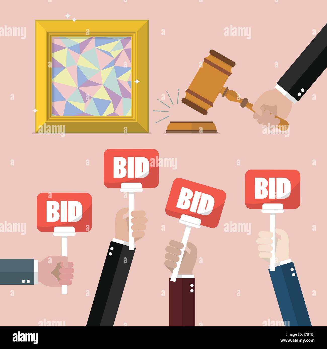 Buying selling painting from auction. Auction and bidding concept Stock Vector