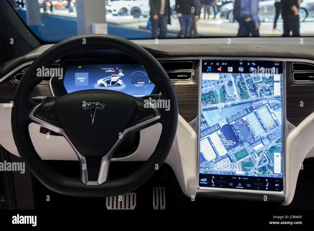 BRUSSELS - JAN 19, 2017: Interior dashboard with navigation of the Tesla Model X car on display at the Motor Show Brussels. Stock Photo
