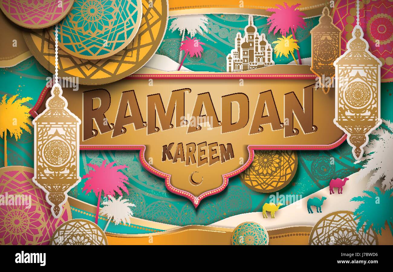 colorful Ramadan Kareem illustration with english slogan and lantern decorations Stock Vector