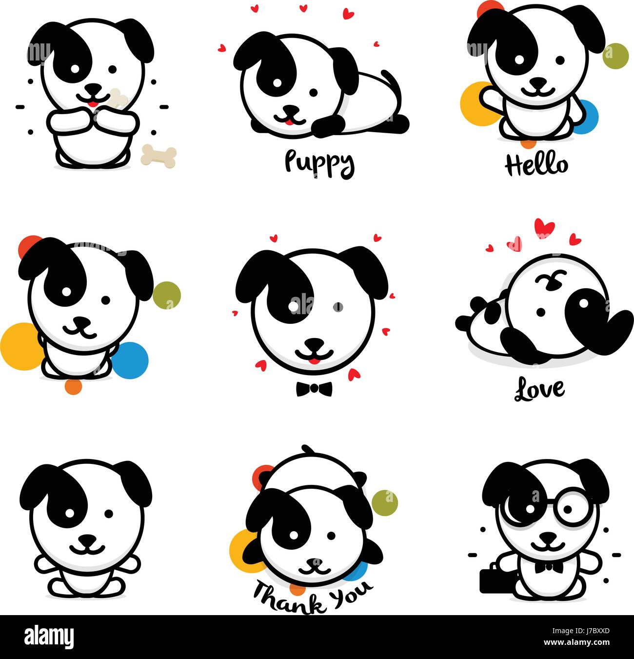 Cute puppy vector logo set. Favorite pet logotype collection. Joyful and cheerful human friend in the cartoon style icons, is played in a bone, lies, loves, welcomes and rests Stock Vector